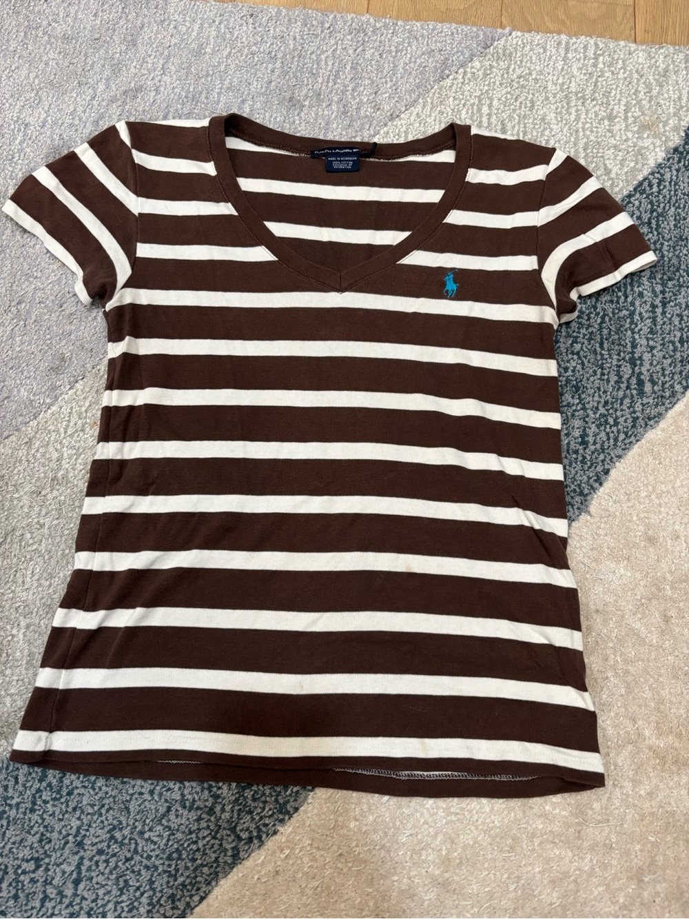 Ralph Lauren Sport Brown & White Striped V-Neck Tee T Shirt Short Sleeve Size L